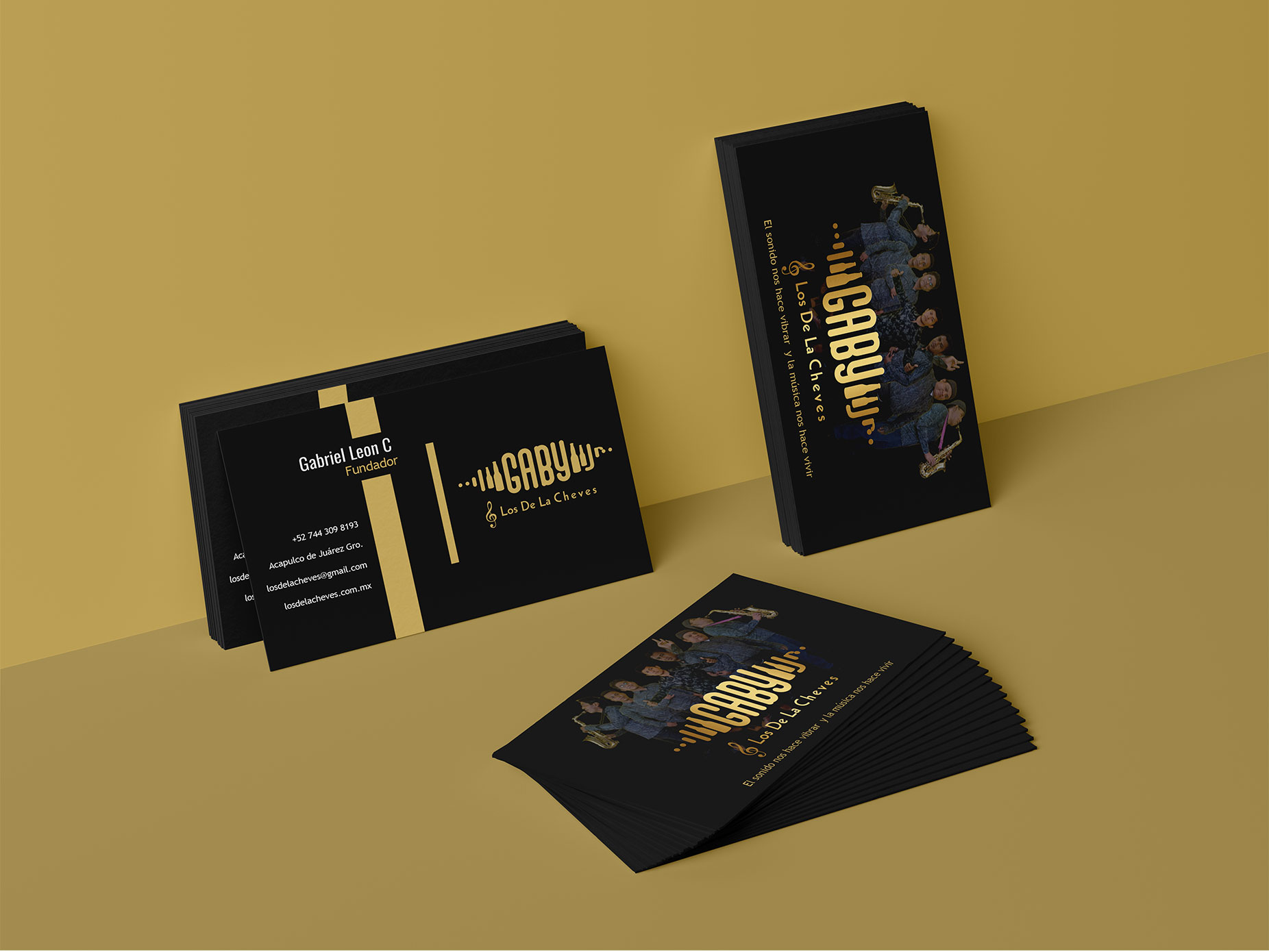 Diseño de tarjetas de presentacion para agrupacion musical Gaby Jr y Los De La Cheves Acapulco